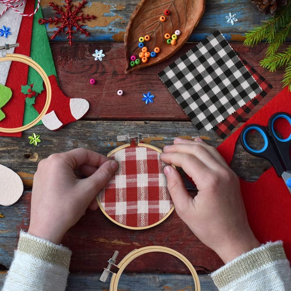 Caydo 12 Pieces Christmas Ornament Kit Including 3 Inch Embroidery Hoops and 5 Inch Squares Plaid Fabric for Christmas Decorations(24PCS)
