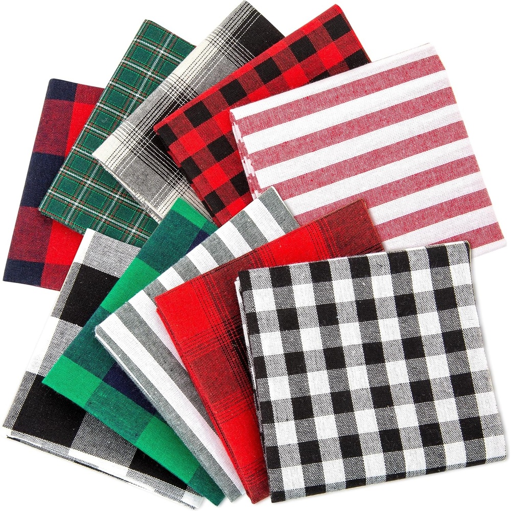 Caydo 10 Pcs Cotton Checkered Fabric Squares, 18 x 18 Inch Stripe Checked Cloth Quilting Fabric Scraps for Christmas DIY Crafting Sewing Patchwork