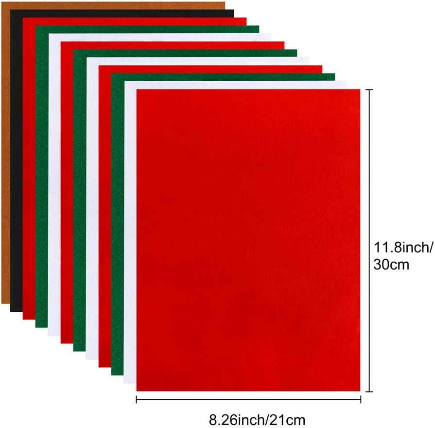 Caydo 12 Pieces A4 Christmas Felt Fabric Sheets, 5 Colors Felt Sheets Craft for DIY Christmas Decorations