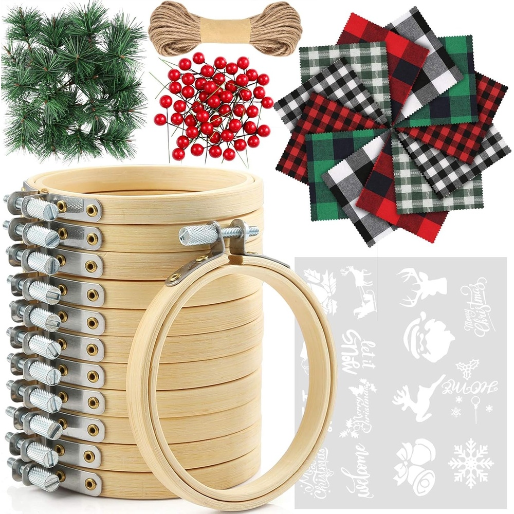 Caydo 12 Set Christmas Ornament Kit Include 12Pcs 3 Inch Embroidery Hoop, Christmas Plaid Fabric, Heat Transfer Pattern, Artificial Pine Needles, Artificial Berrie for DIY Christmas Decoration