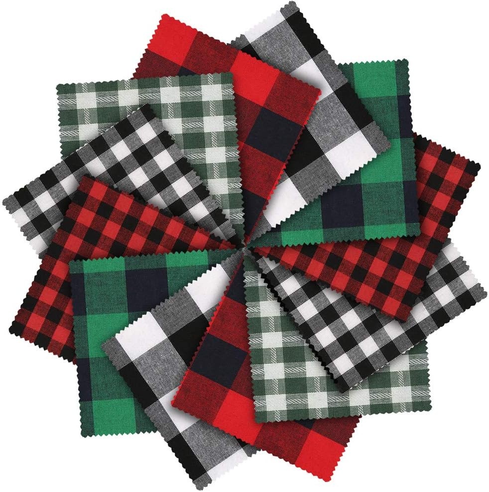Caydo 12 Set Christmas Ornament Kit Include 12Pcs 3 Inch Embroidery Hoop, Christmas Plaid Fabric, Heat Transfer Pattern, Artificial Pine Needles, Artificial Berrie for DIY Christmas Decoration