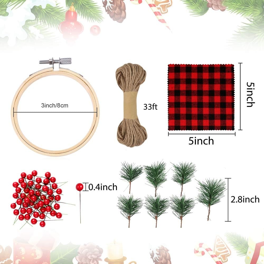 Caydo 12 Set Christmas Ornament Kit Include 12Pcs 3 Inch Embroidery Hoop, Christmas Plaid Fabric, Heat Transfer Pattern, Artificial Pine Needles, Artificial Berrie for DIY Christmas Decoration