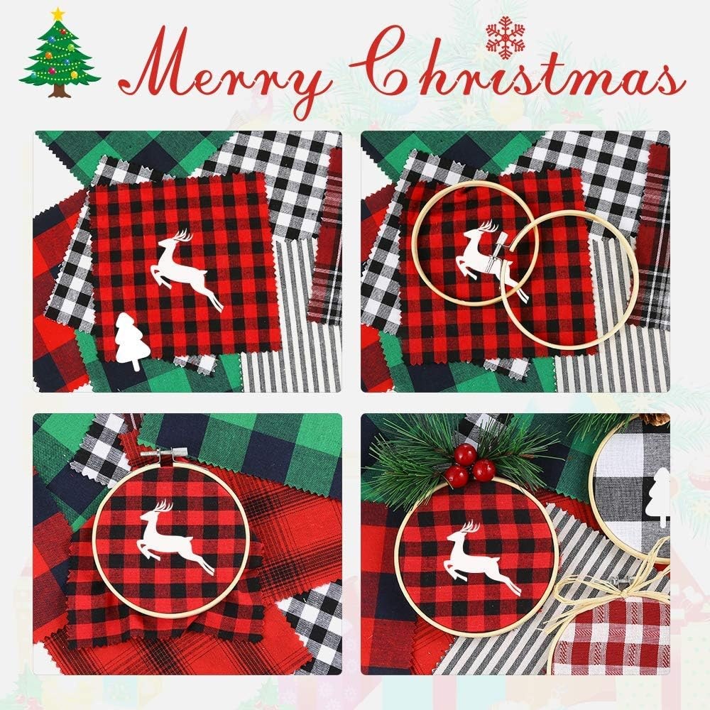 Caydo 12 Set Christmas Ornament Kit Include 12Pcs 3 Inch Embroidery Hoop, Christmas Plaid Fabric, Heat Transfer Pattern, Artificial Pine Needles, Artificial Berrie for DIY Christmas Decoration