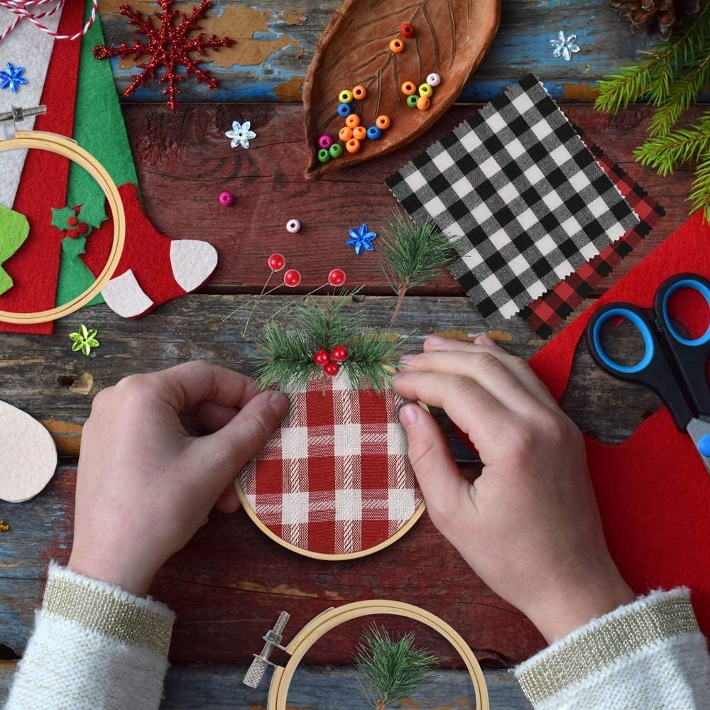 Caydo 12 Set Christmas Ornament Kit Include 12Pcs 3 Inch Embroidery Hoop, Christmas Plaid Fabric, Heat Transfer Pattern, Artificial Pine Needles, Artificial Berrie for DIY Christmas Decoration