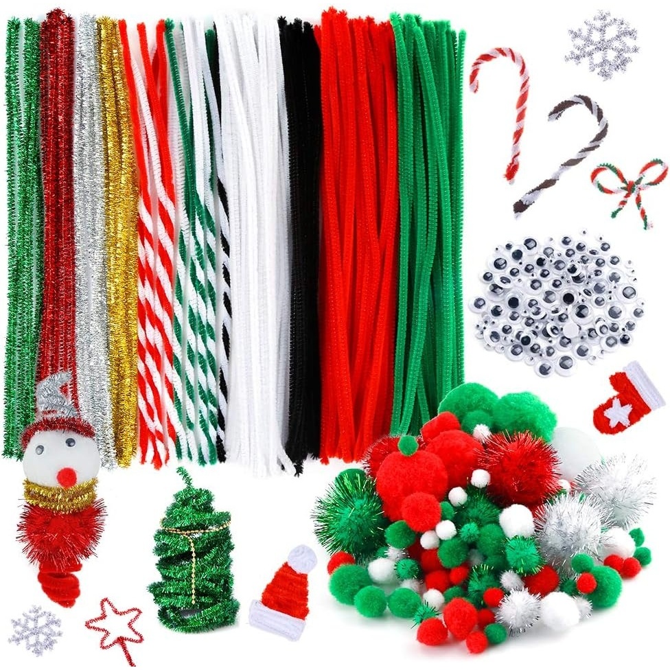 Caydo Christmas Pipe Cleaners Set, Including 120PCS Christmas Pipe Cleaners, 6 Sizes Pom Poms and 4 Sizes Wiggle Eyes for Kids DIY Arts & Crafts Projects and Christmas Decorations