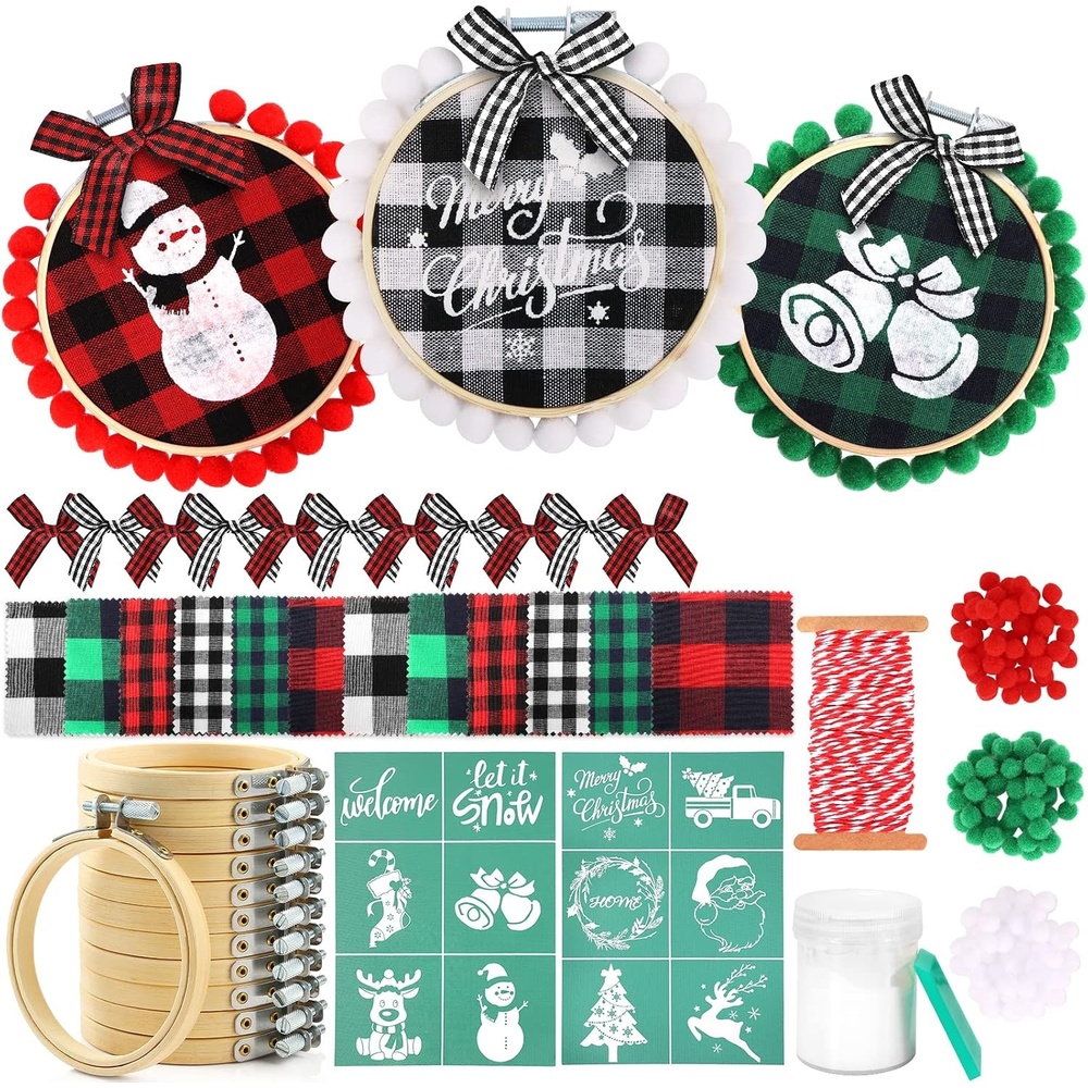 Caydo 191PCS Christmas Ornament Kit Including 3 Inch Embroidery Hoops, Christmas Plaid, Heat Transfer Pattern, White Ink, Mini Squeegee and Christmas Accessories for DIY Christmas Decoration