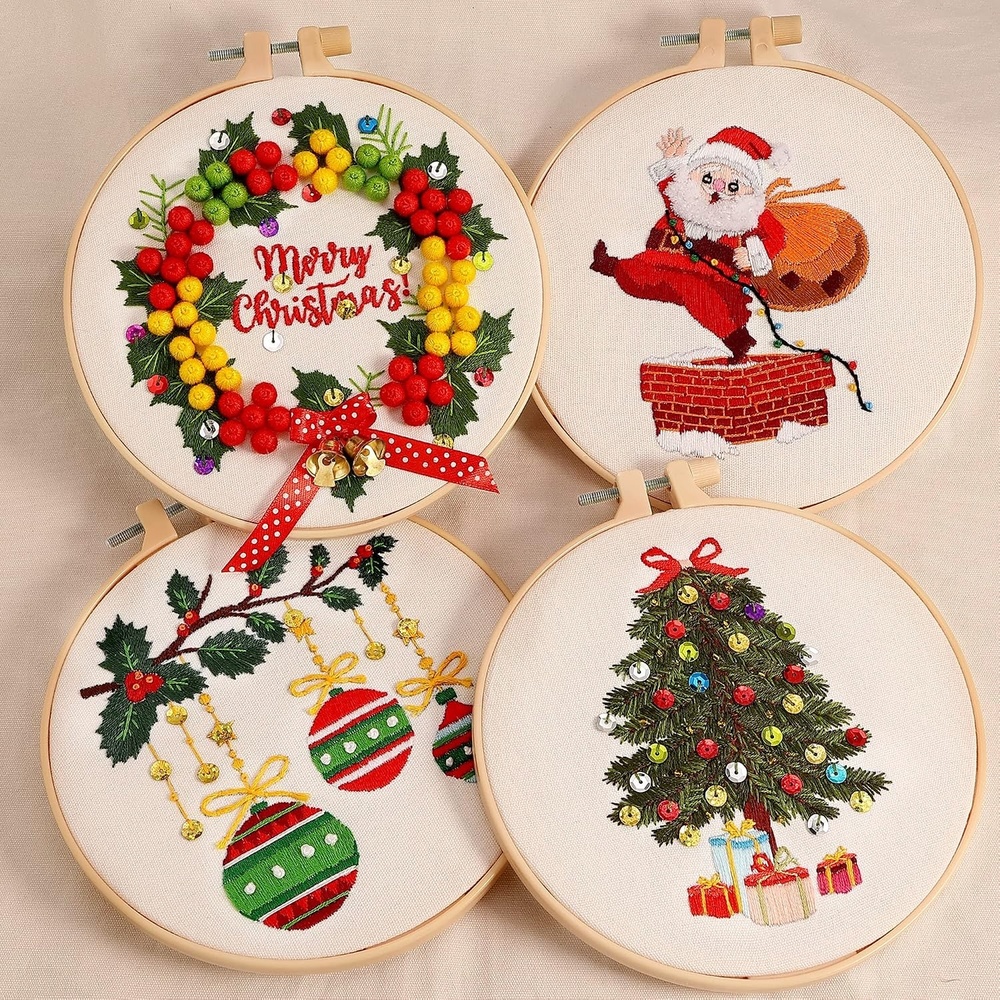Caydo 4 Pack Christmas Embroidery Kit, Cross Stitch Kits for Beginners with Christmas Patterns, Embroidery Hoop, Threads, Instructions and Christmas Accessories