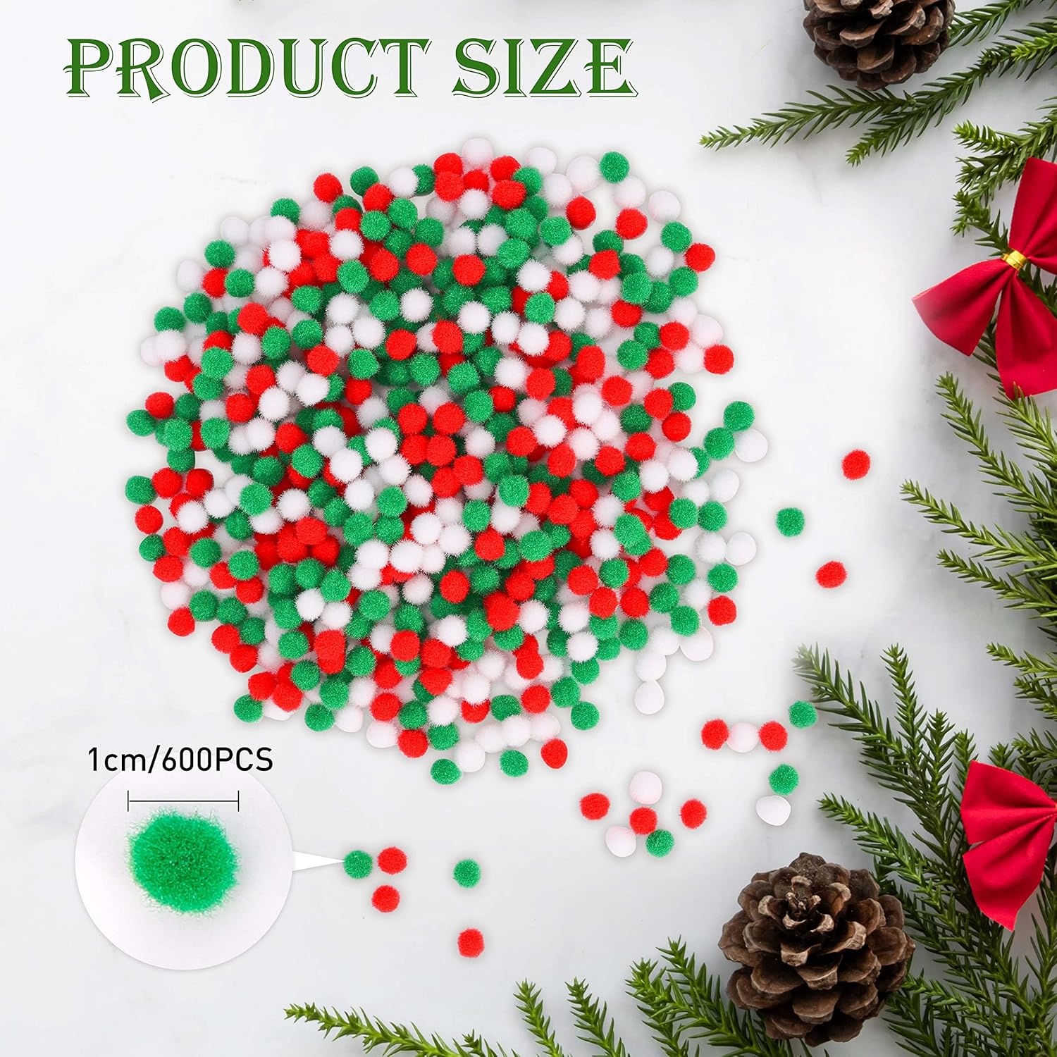 Caydo 600 Pieces Christmas Pom Poms, 1cm Arts and Crafts Pom Poms Balls for Hobby Supplies and DIY Valentine’s Day Decorations (Red, White, Green)