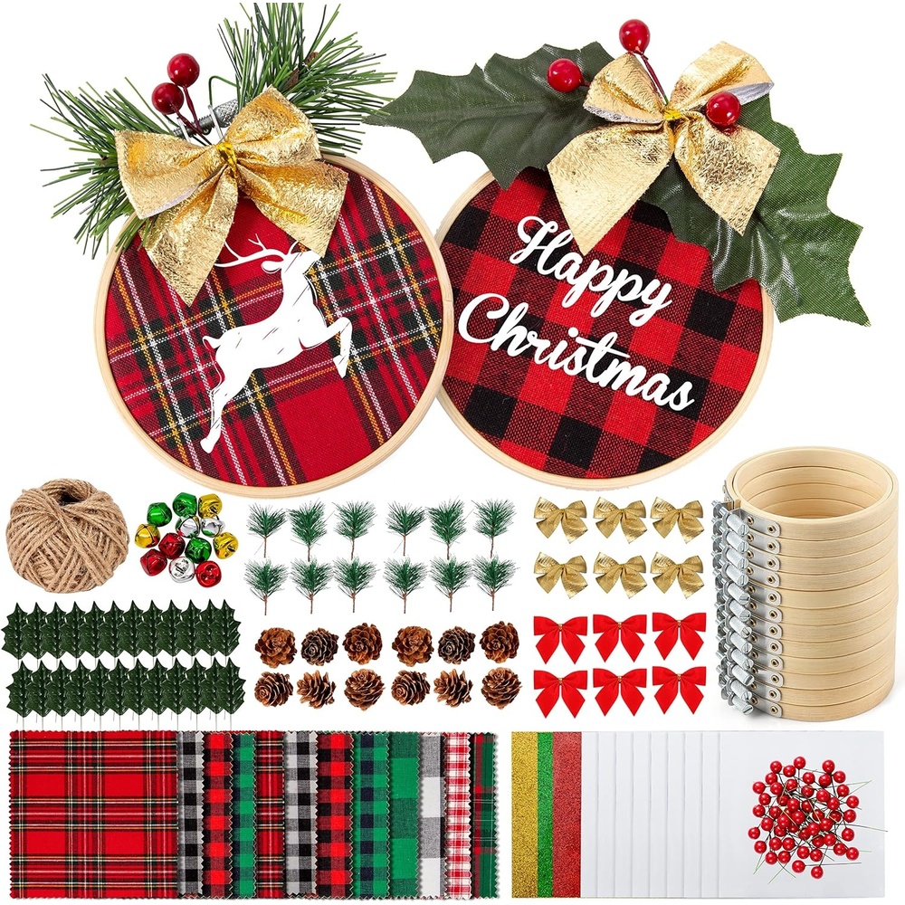 Caydo 12 Pack Christmas Ornament DIY Craft Kit Includes 3 Inch Bamboo Embroidery Hoops, Christmas Plaid Fabric, Mini Pine Cones, Artificial Pine Needle and Small Berries for DIY Decor