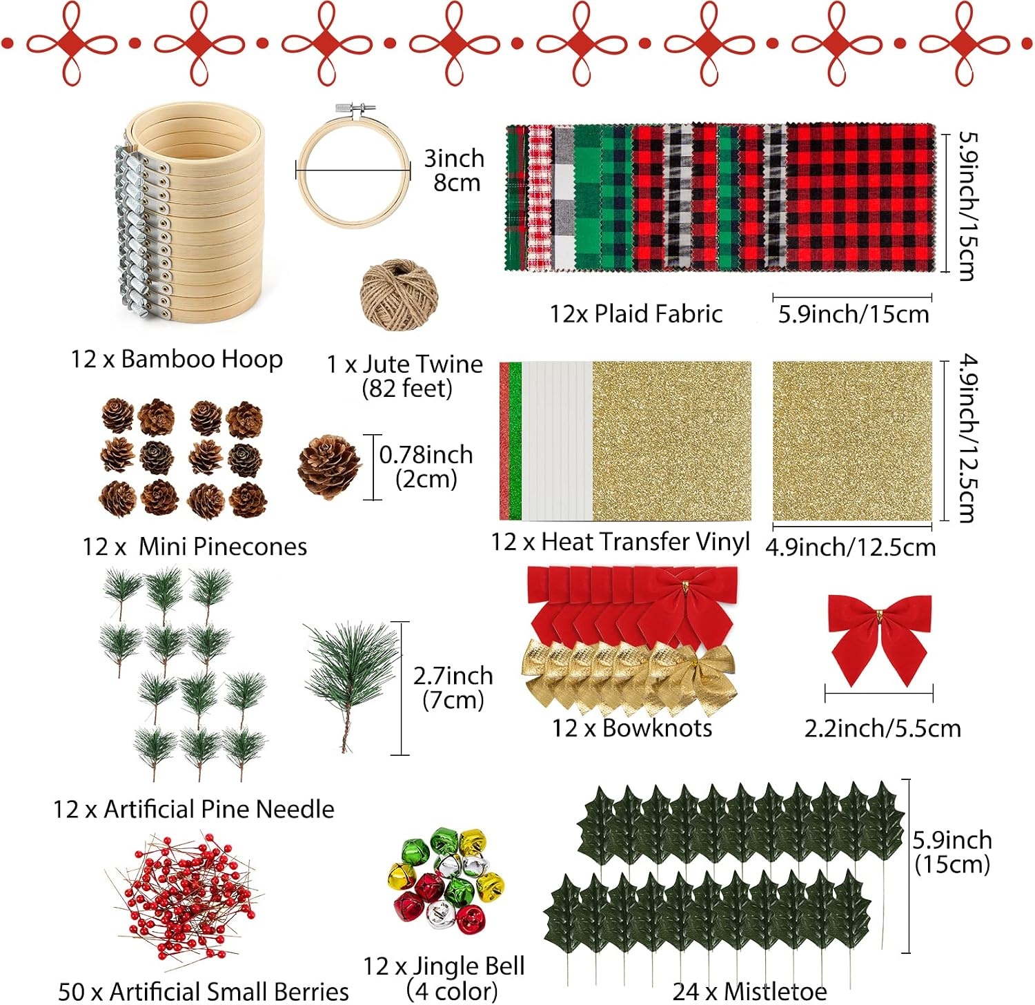 Caydo 12 Pack Christmas Ornament DIY Craft Kit Includes 3 Inch Bamboo Embroidery Hoops, Christmas Plaid Fabric, Mini Pine Cones, Artificial Pine Needle and Small Berries for DIY Decor