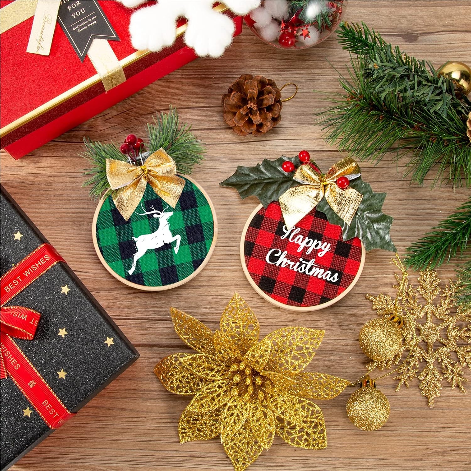 Caydo 12 Pack Christmas Ornament DIY Craft Kit Includes 3 Inch Bamboo Embroidery Hoops, Christmas Plaid Fabric, Mini Pine Cones, Artificial Pine Needle and Small Berries for DIY Decor