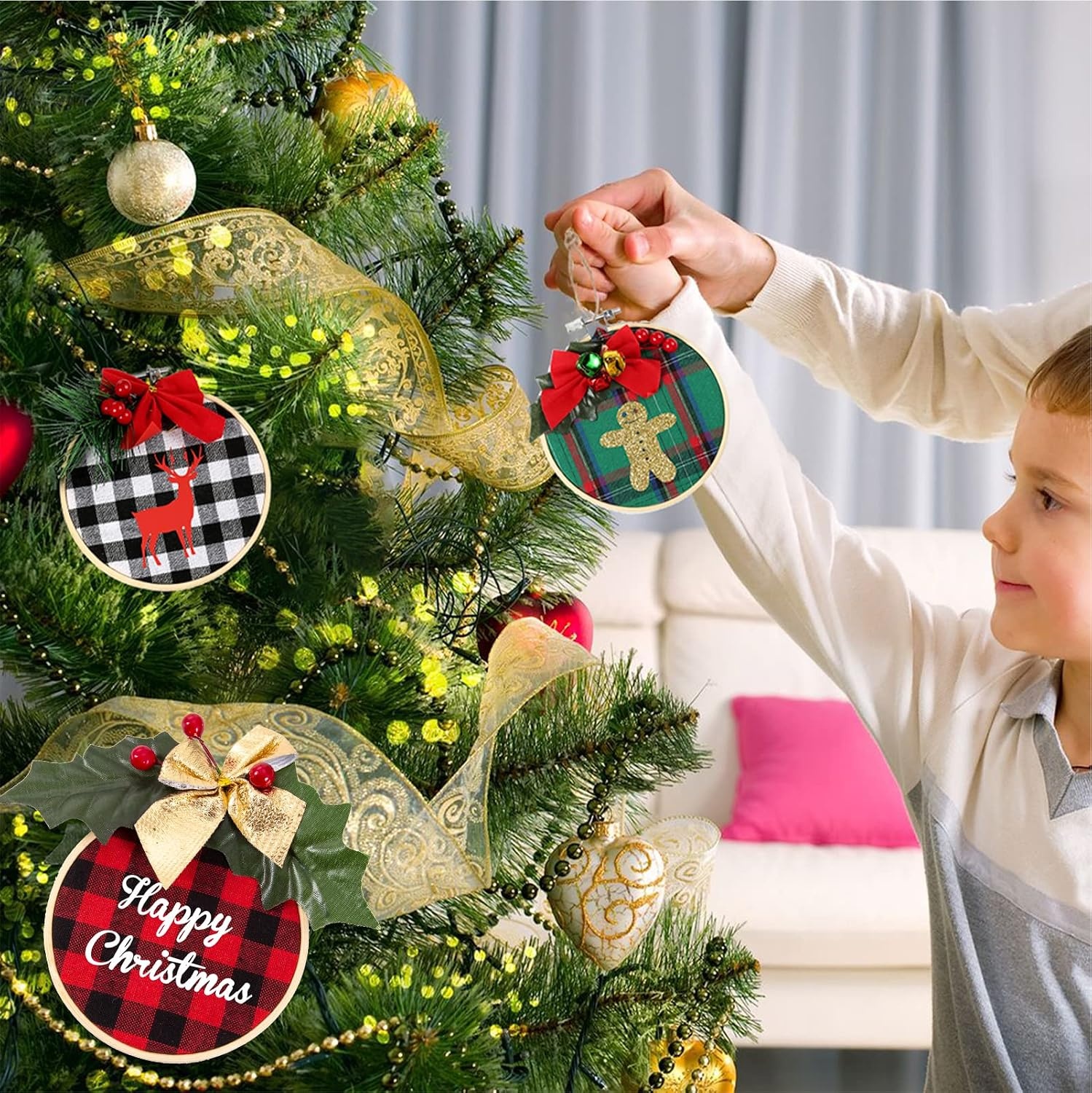 Caydo 12 Pack Christmas Ornament DIY Craft Kit Includes 3 Inch Bamboo Embroidery Hoops, Christmas Plaid Fabric, Mini Pine Cones, Artificial Pine Needle and Small Berries for DIY Decor