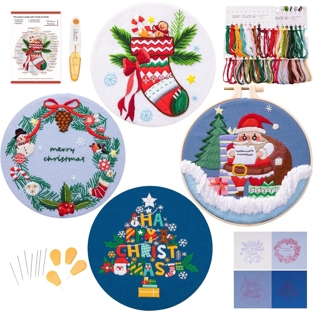 Caydo 4 Sets Christmas Embroidery Kit, Stamped Cross Stitch Kits with 4 Christmas Pattern, Embroidery Hoop, DIY Adult Embroidery Starter Kit for Home Decoration