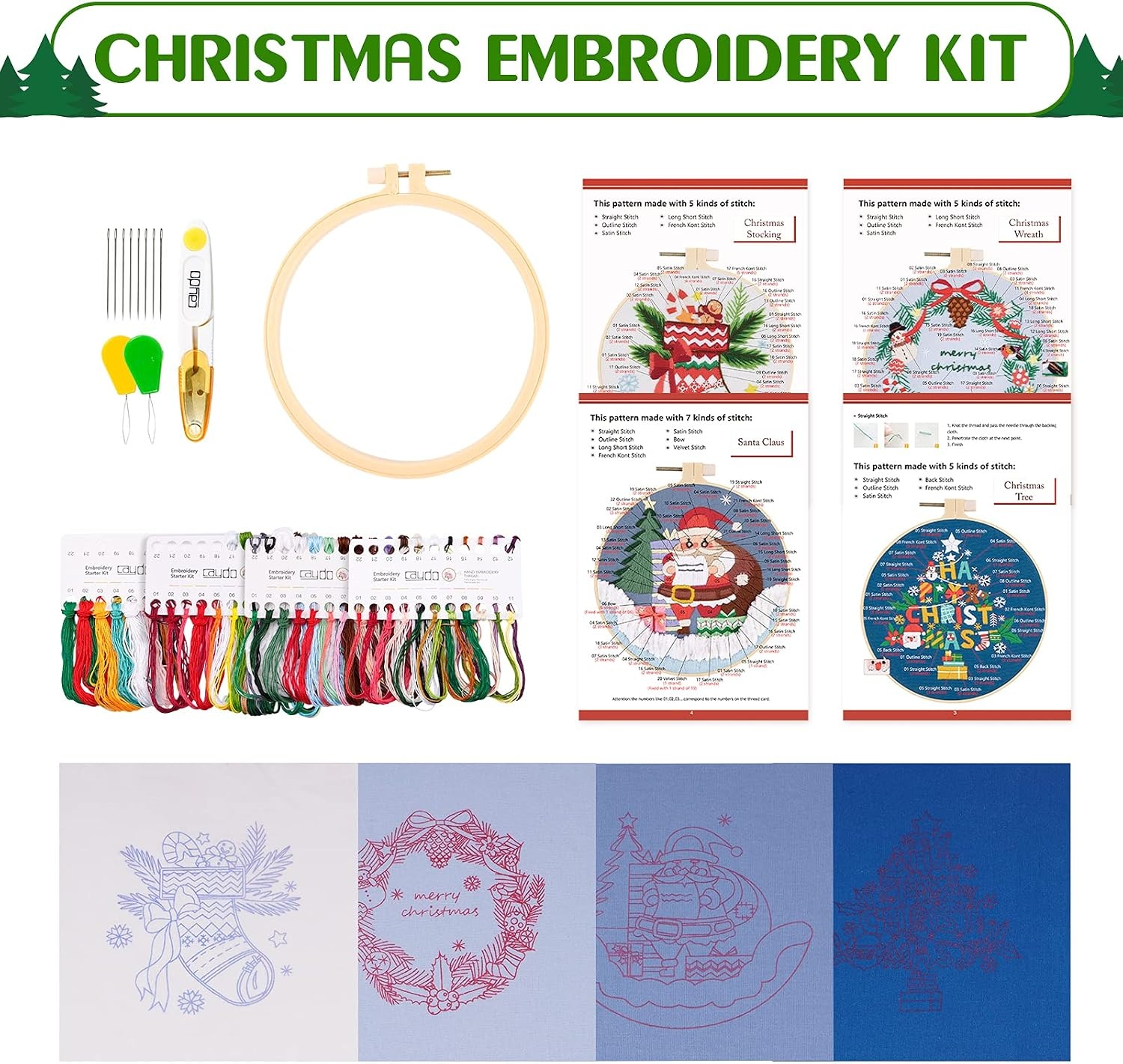 Caydo 4 Sets Christmas Embroidery Kit, Stamped Cross Stitch Kits with 4 Christmas Pattern, Embroidery Hoop, DIY Adult Embroidery Starter Kit for Home Decoration