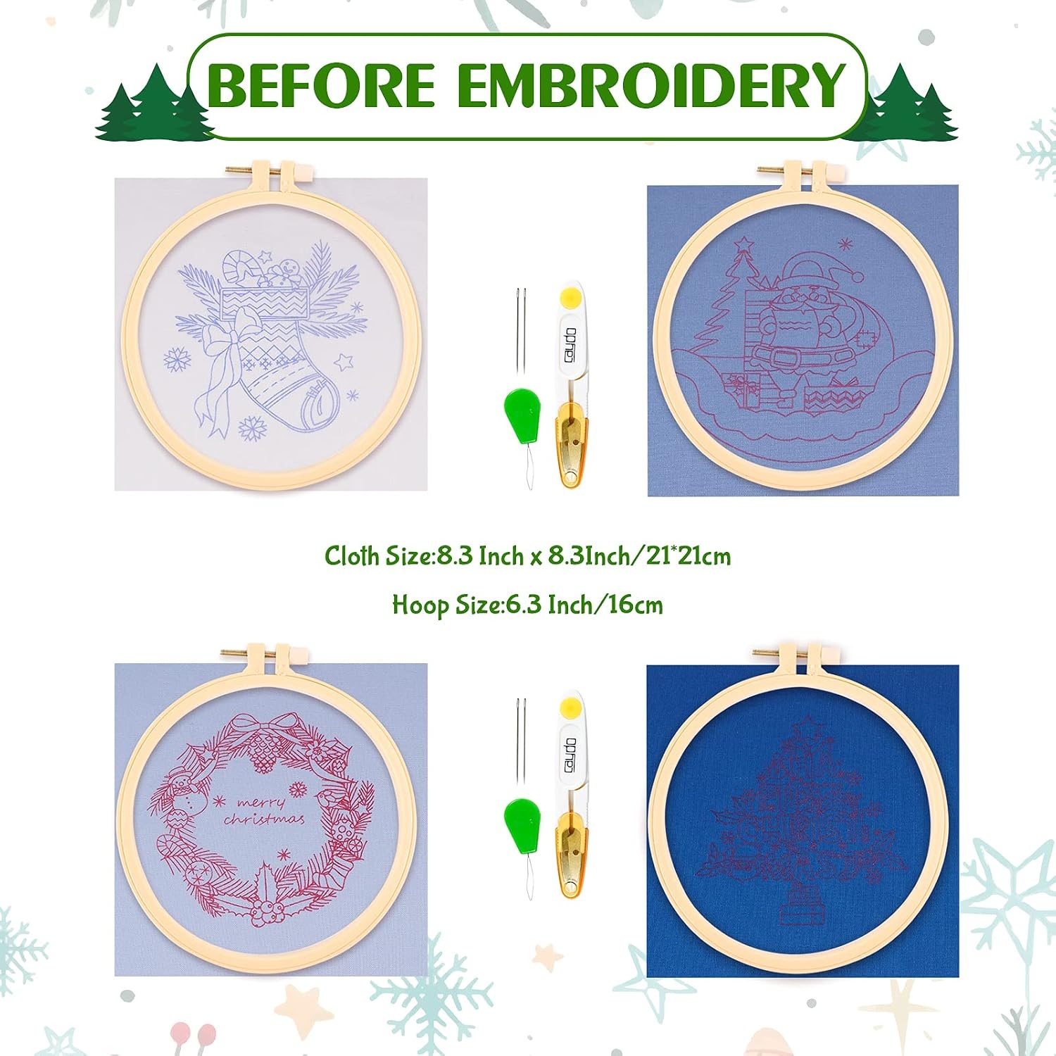 Caydo 4 Sets Christmas Embroidery Kit, Stamped Cross Stitch Kits with 4 Christmas Pattern, Embroidery Hoop, DIY Adult Embroidery Starter Kit for Home Decoration