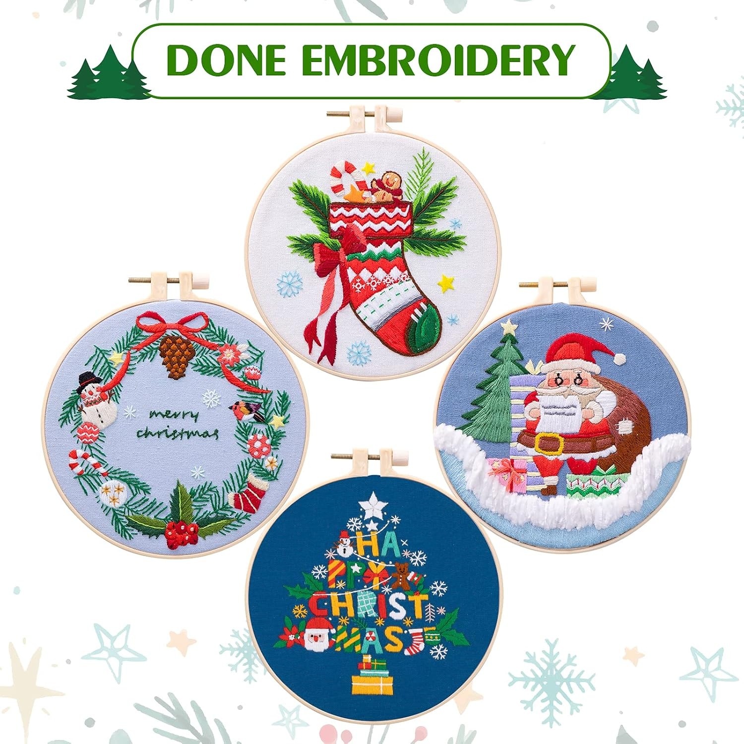 Caydo 4 Sets Christmas Embroidery Kit, Stamped Cross Stitch Kits with 4 Christmas Pattern, Embroidery Hoop, DIY Adult Embroidery Starter Kit for Home Decoration