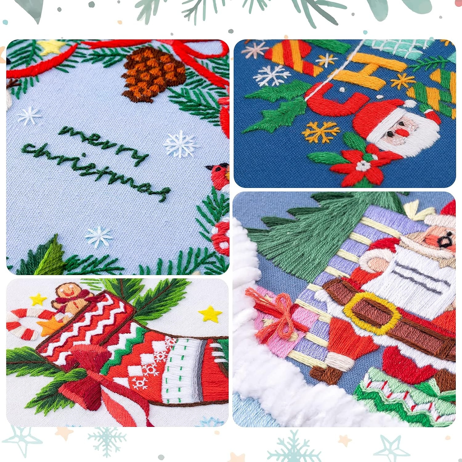 Caydo 4 Sets Christmas Embroidery Kit, Stamped Cross Stitch Kits with 4 Christmas Pattern, Embroidery Hoop, DIY Adult Embroidery Starter Kit for Home Decoration