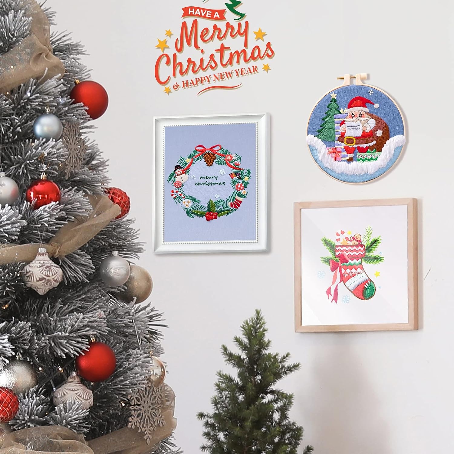 Caydo 4 Sets Christmas Embroidery Kit, Stamped Cross Stitch Kits with 4 Christmas Pattern, Embroidery Hoop, DIY Adult Embroidery Starter Kit for Home Decoration