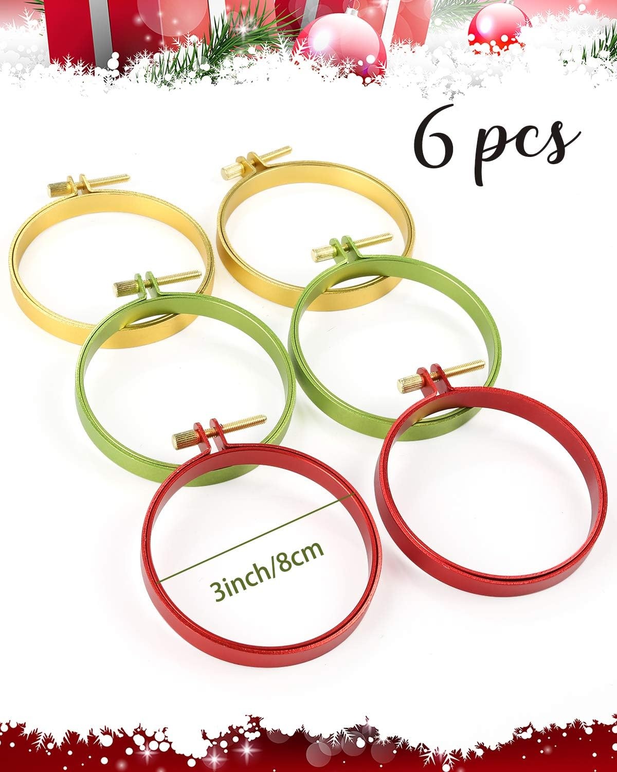 Caydo 6 Pieces 3 Inch Embroidery Hoops Adjustable Circle Cross Stitch Hoop Ring for Christmas Ornaments, Art Craft Handy Sewing(Christmas Color, Aluminum)