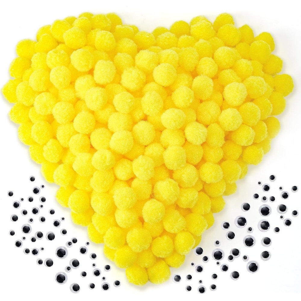Caydo [400 pcs] – 300 Pieces Green Pom Poms for Crafts with 100 Wiggle Eyes, 1 Inch Craft Pompom Balls for Kids Creative DIY Crafts and Easter Decorations(Yellow)
