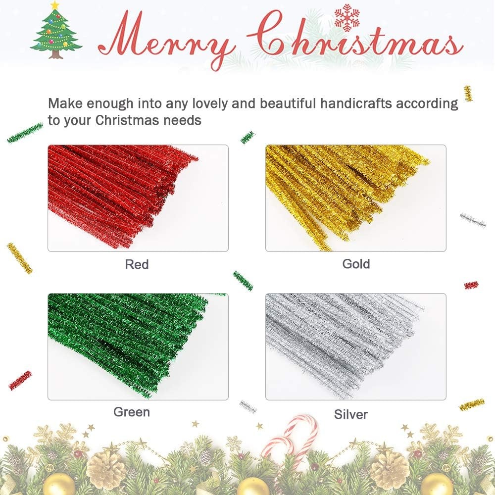 Caydo 320 Pieces Halloween Pipe Cleaners 6mm x 12inch, 4 Colors(4 Colors(Christmas))
