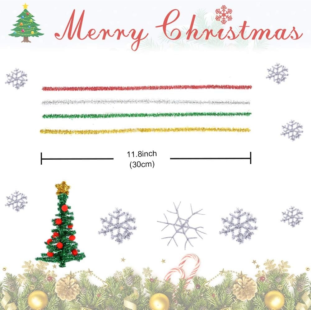 Caydo 320 Pieces Halloween Pipe Cleaners 6mm x 12inch, 4 Colors(4 Colors(Christmas))