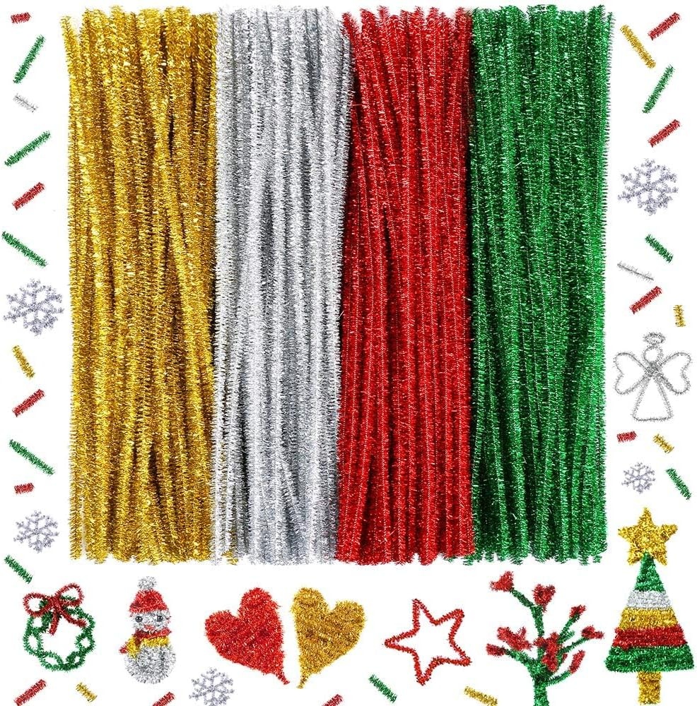 Caydo 320 Pieces Halloween Pipe Cleaners 6mm x 12inch, 4 Colors(4 Colors(Christmas))