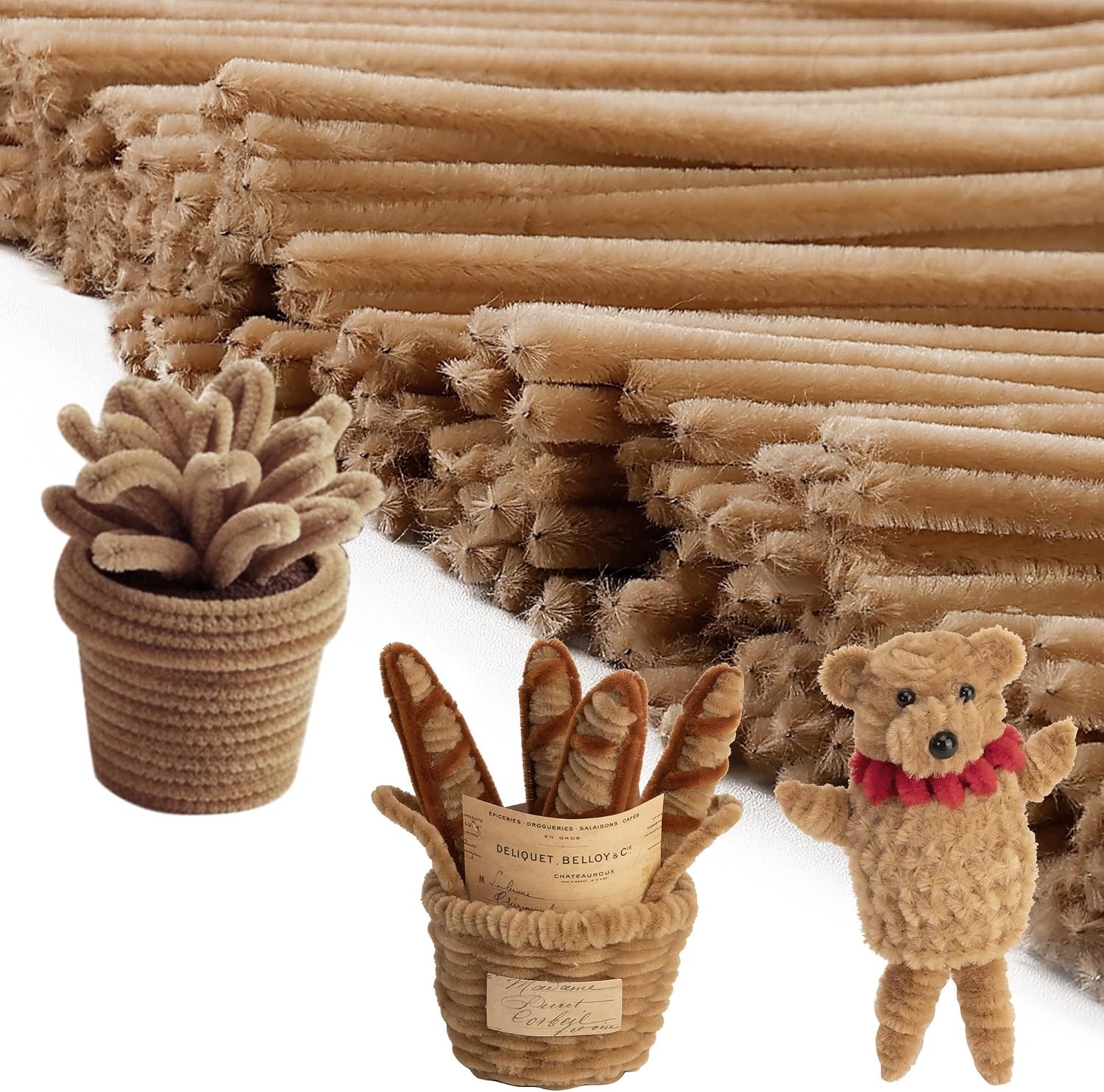 Caydo 200 Pieces Halloween Pipe Cleaners with 100PCS Wiggle Eyes, 8 Colors(Light Brown)