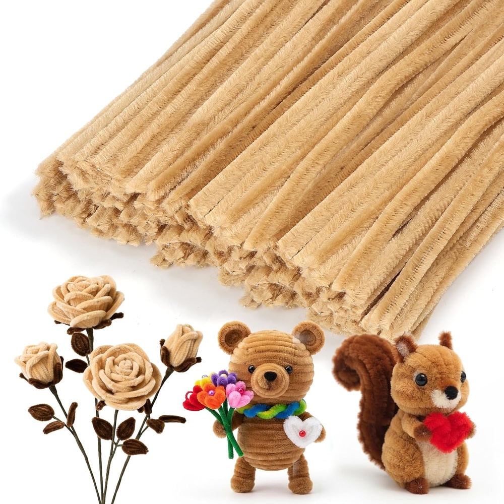 Caydo 100 Pieces Moss Green Pipe Cleaners Craft, Flexible Chenille Stems Bulk for Kids DIY Arts Crafts Project and Home Decoration, 6 mm x 12 Inch(Light Brown)