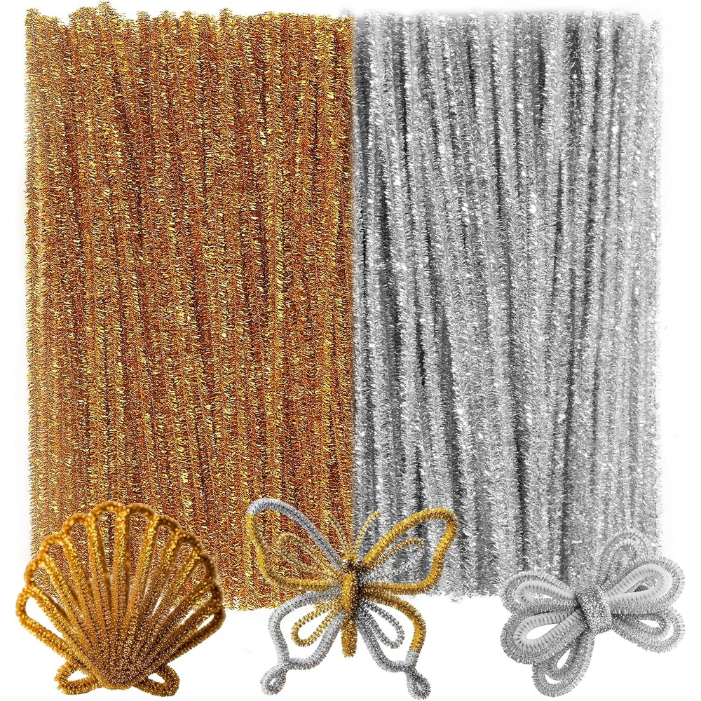 Caydo 200 Pieces Orange Pipe Cleaners for Flowers Making, Craft Chenille Stems for Kids Creative DIY Art Crafts and Home Decorations (12 Inch x 6 mm)(Glitter Golden & Silver)
