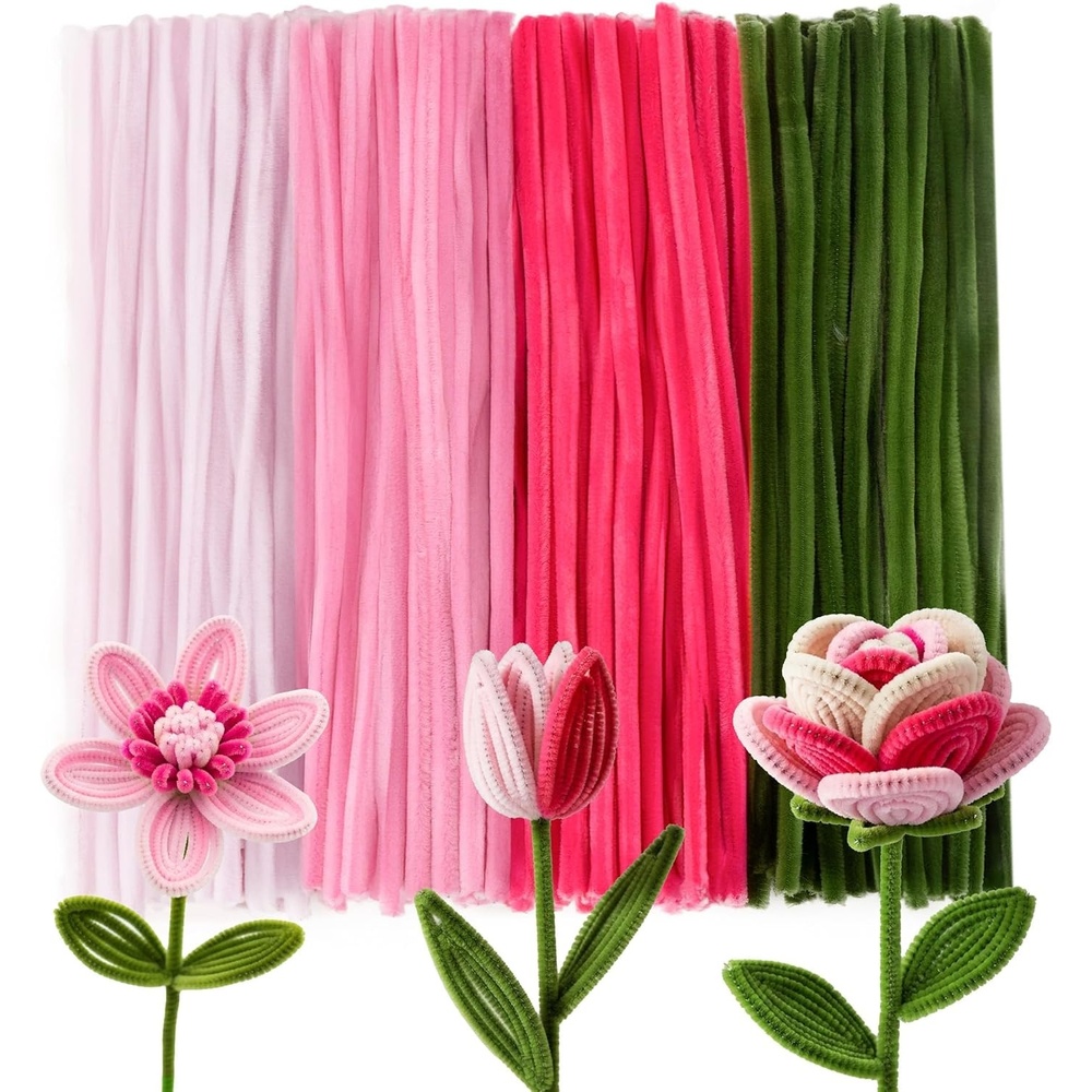 Caydo 200 Pieces Halloween Pipe Cleaners with 100PCS Wiggle Eyes, 8 Colors(Pink Flowers)