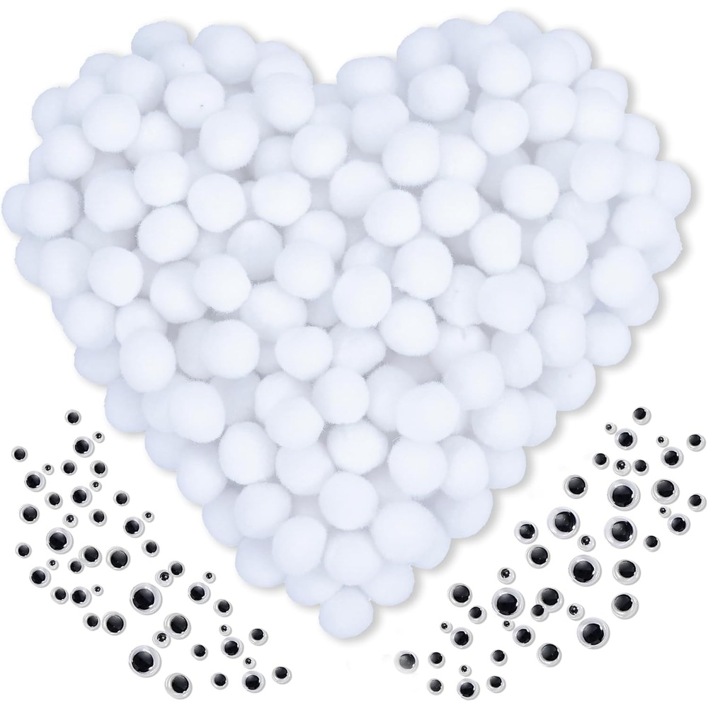 Caydo 300PCS Black Pom Poms with 100PCS Wiggle Eyes, 1 Inch Pom Pom Balls for Kids Art and Craft Projects Making and Classroom Craft Activities(White)