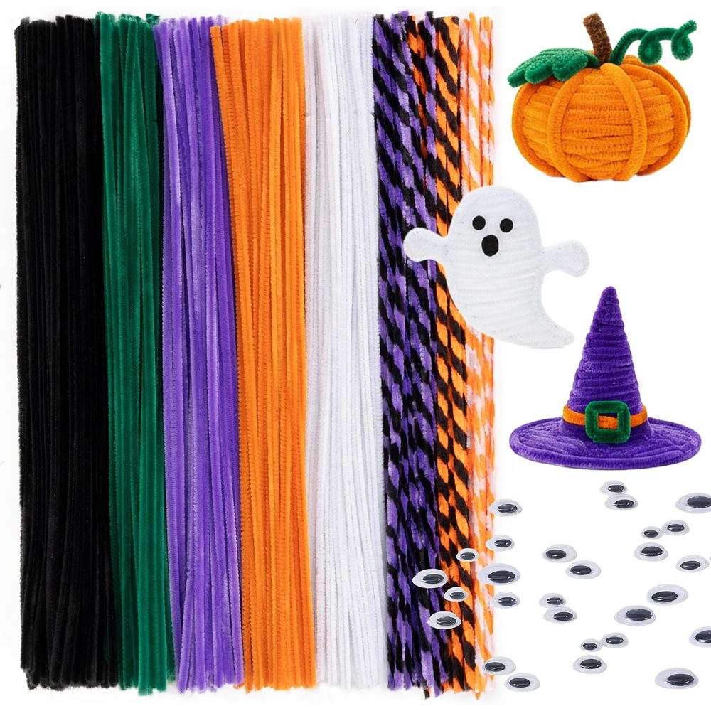 Caydo 200 Pieces Halloween Pipe Cleaners with 100PCS Wiggle Eyes, 8 Colors(8 Colors(Halloween))