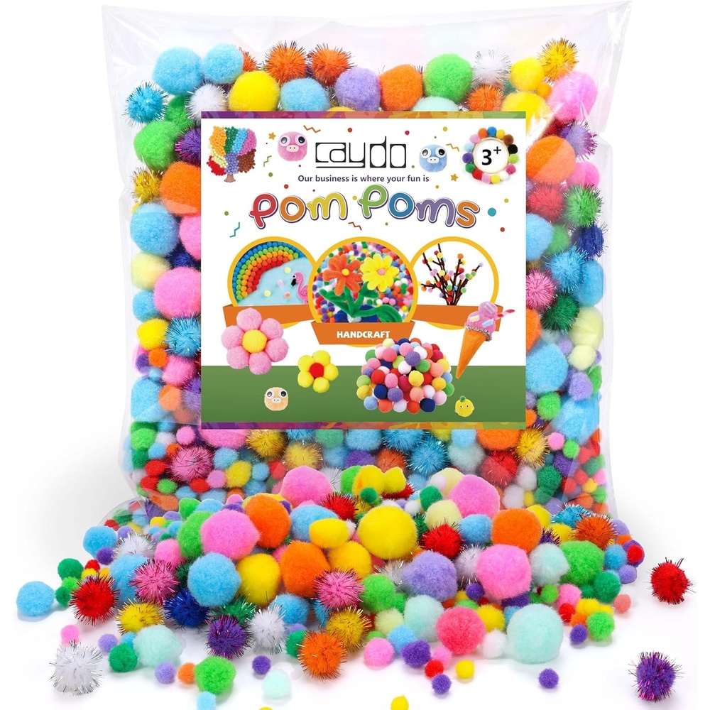 Caydo [1200PCS 1050Pcs Multicolor Pom Poms, Assorted Sizes & Colors Craft Pompom Balls with 150pcs Wiggly Eyes for Kids Arts and Craft Projects and Decorations