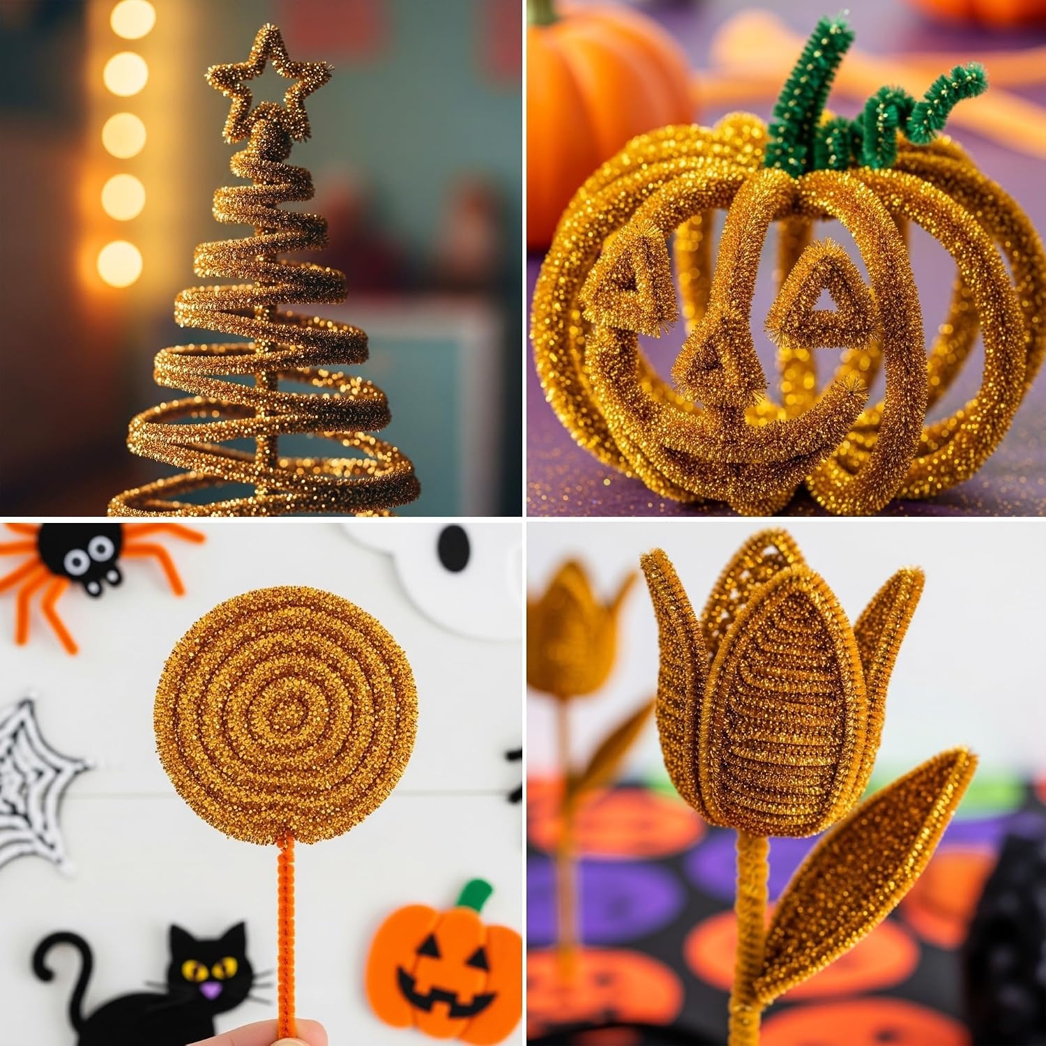 Caydo 200 Pieces Halloween Pipe Cleaners with 100PCS Wiggle Eyes, 8 Colors(Glitter Golden)