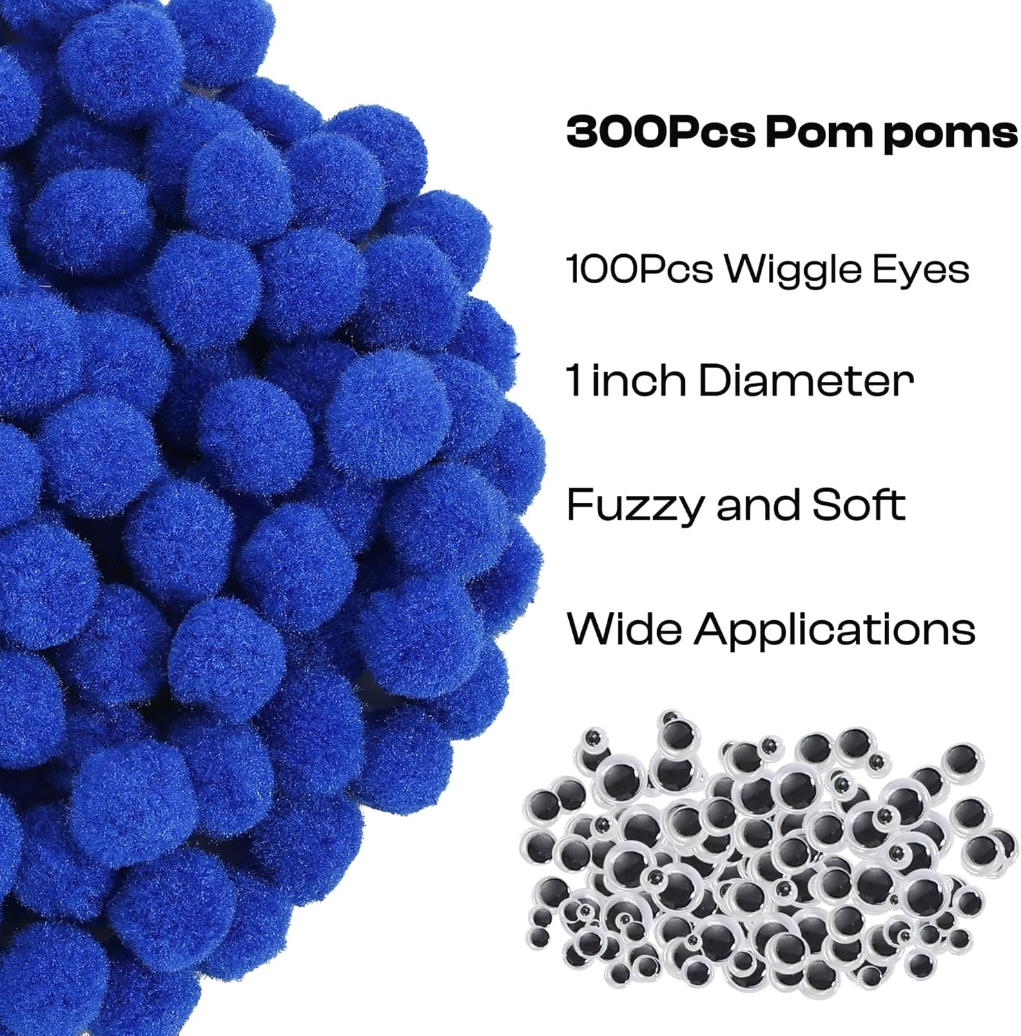 Caydo 300PCS Black Pom Poms with 100PCS Wiggle Eyes, 1 Inch Pom Pom Balls for Kids Art and Craft Projects Making and Classroom Craft Activities(Dark Blue)