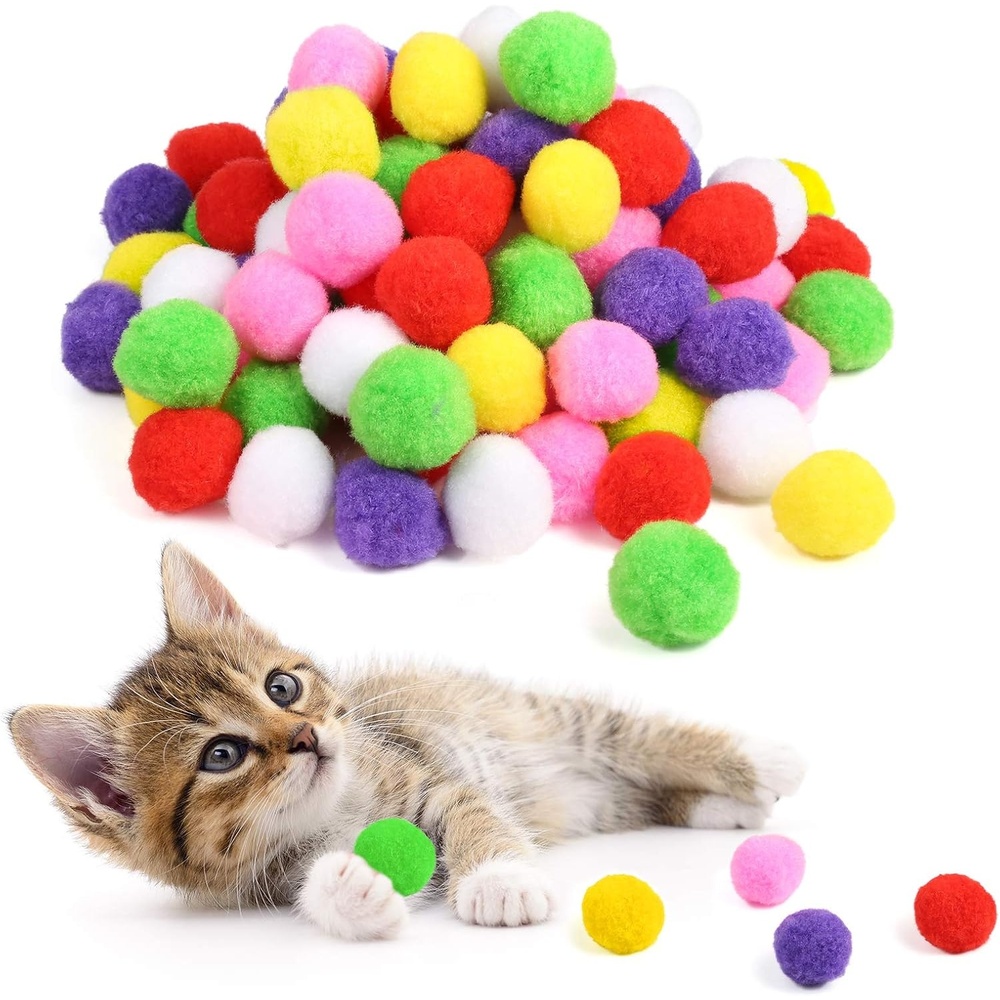 Caydo 100 Pieces 1.3 Inch Assorted Large Cat Toy Balls, Soft Kitten Pom poms Ball for Cats to Play