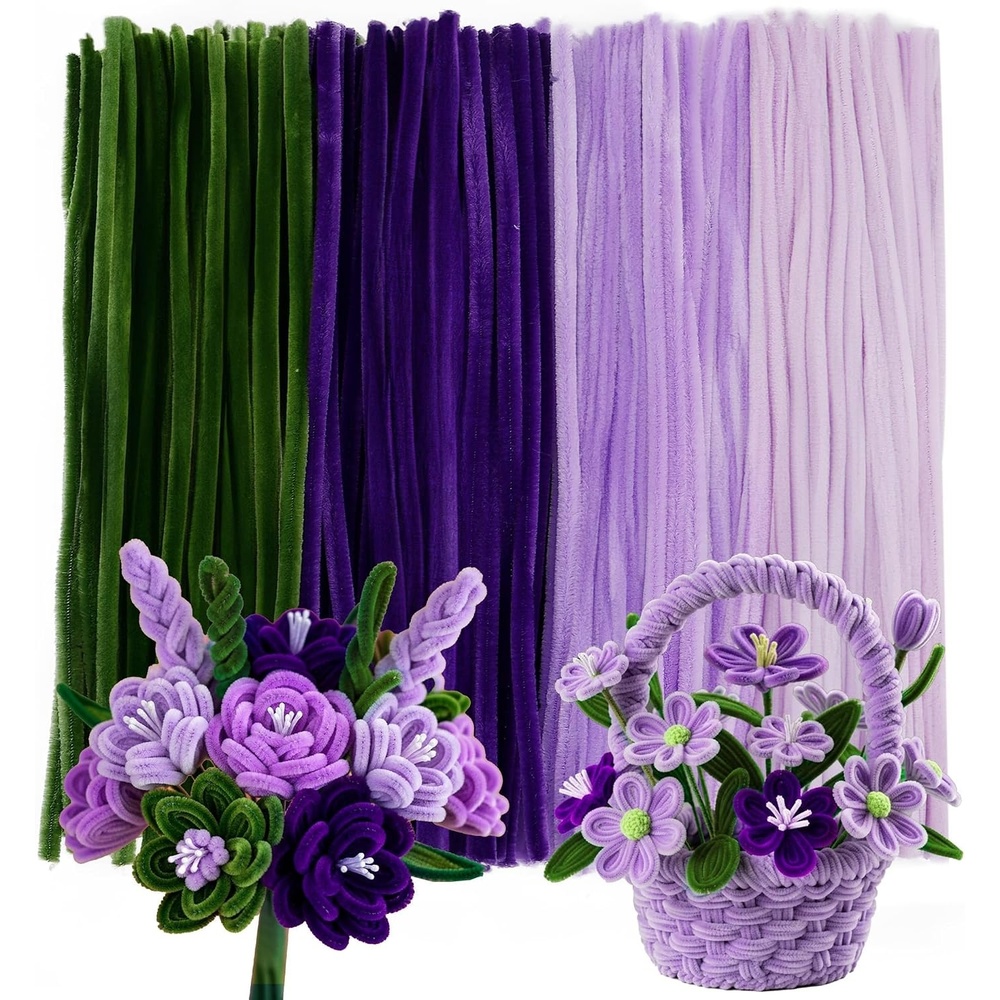 Caydo 200 Pieces Halloween Pipe Cleaners with 100PCS Wiggle Eyes, 8 Colors(Purple Flowers)
