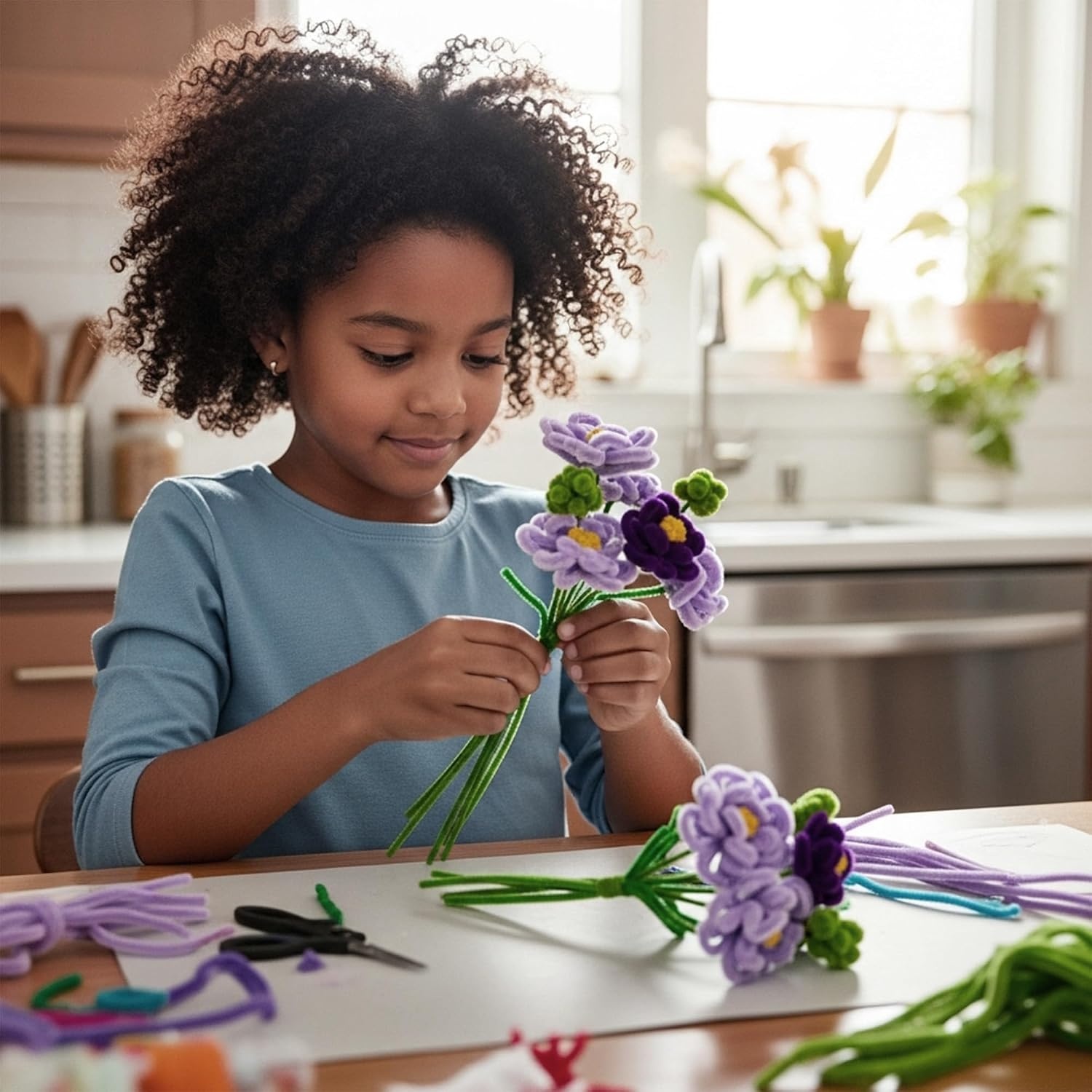 Caydo 200 Pieces Halloween Pipe Cleaners with 100PCS Wiggle Eyes, 8 Colors(Purple Flowers)