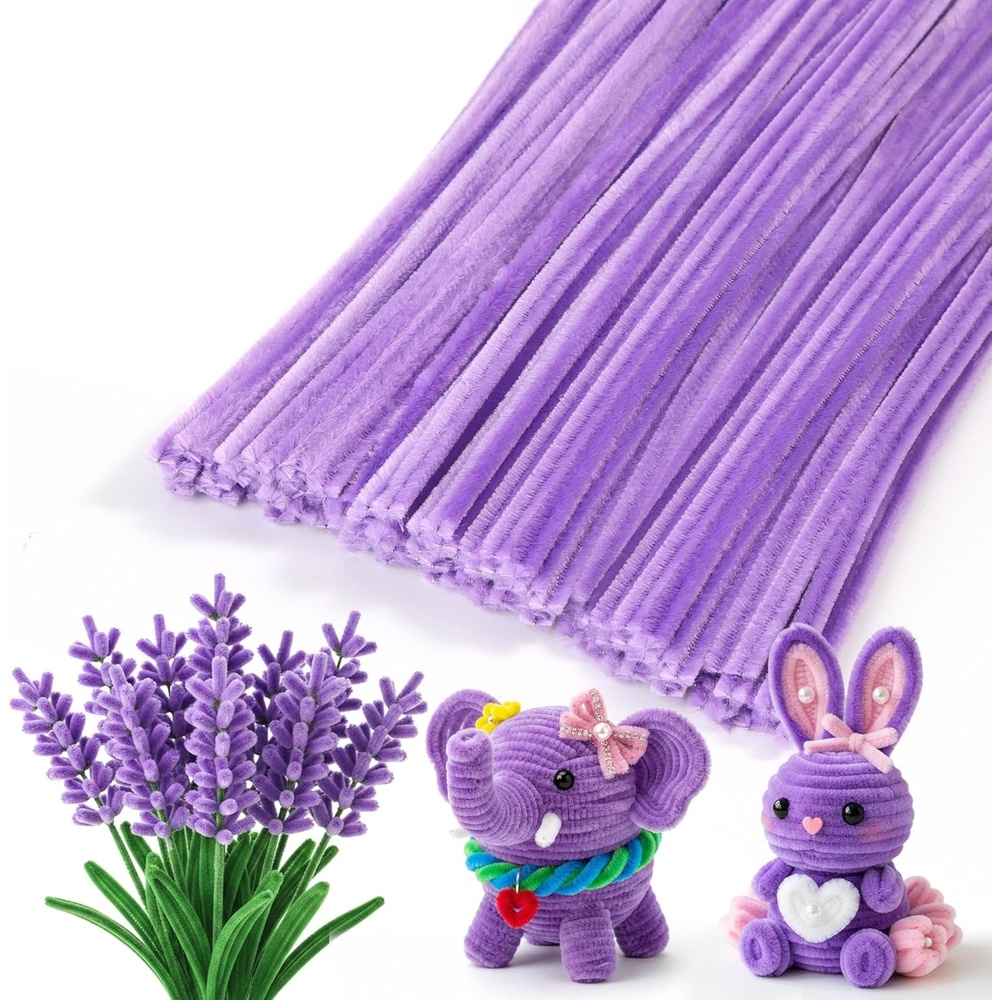 Caydo 100 Pieces Moss Green Pipe Cleaners Craft, Flexible Chenille Stems Bulk for Kids DIY Arts Crafts Project and Home Decoration, 6 mm x 12 Inch(Taro Purple)