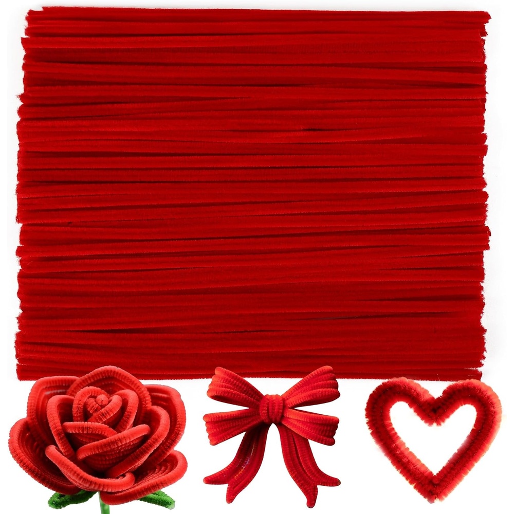 Caydo 100 Pieces Moss Green Pipe Cleaners Craft, Flexible Chenille Stems Bulk for Kids DIY Arts Crafts Project and Home Decoration, 6 mm x 12 Inch(Red)