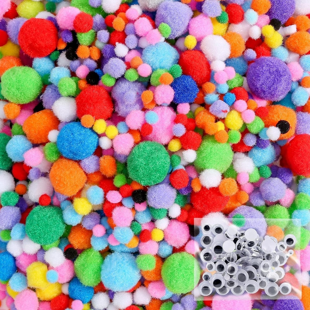Caydo 1400 Pieces 5 Sizes Multicolor Pom Poms Assorted Pompoms with 4 Sizes Wiggle Googly Eyes for DIY, Crafts and Decorations