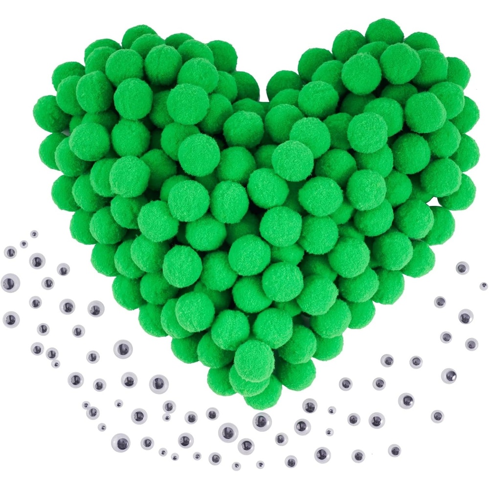 Caydo 300PCS Black Pom Poms with 100PCS Wiggle Eyes, 1 Inch Pom Pom Balls for Kids Art and Craft Projects Making and Classroom Craft Activities(Green)