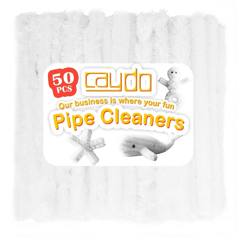 Caydo 50PCS Extra Thick Pipe Cleaners with 100pcs Eyes, Jumbo Black Chenille Stems for Kids Craft DIY Projects Creative Home Decoration(30 mm x 12 Inch)(White)
