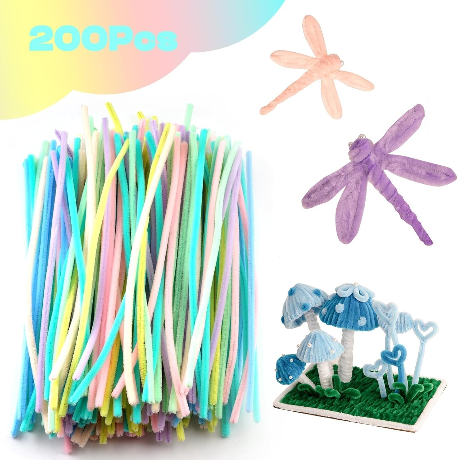 Caydo 200 Pieces Macaroon Color Pipe Cleaners Craft Chenille Stems for DIY Art Creative Crafts Party and Home Decorations (12 Inch x 6 mm)