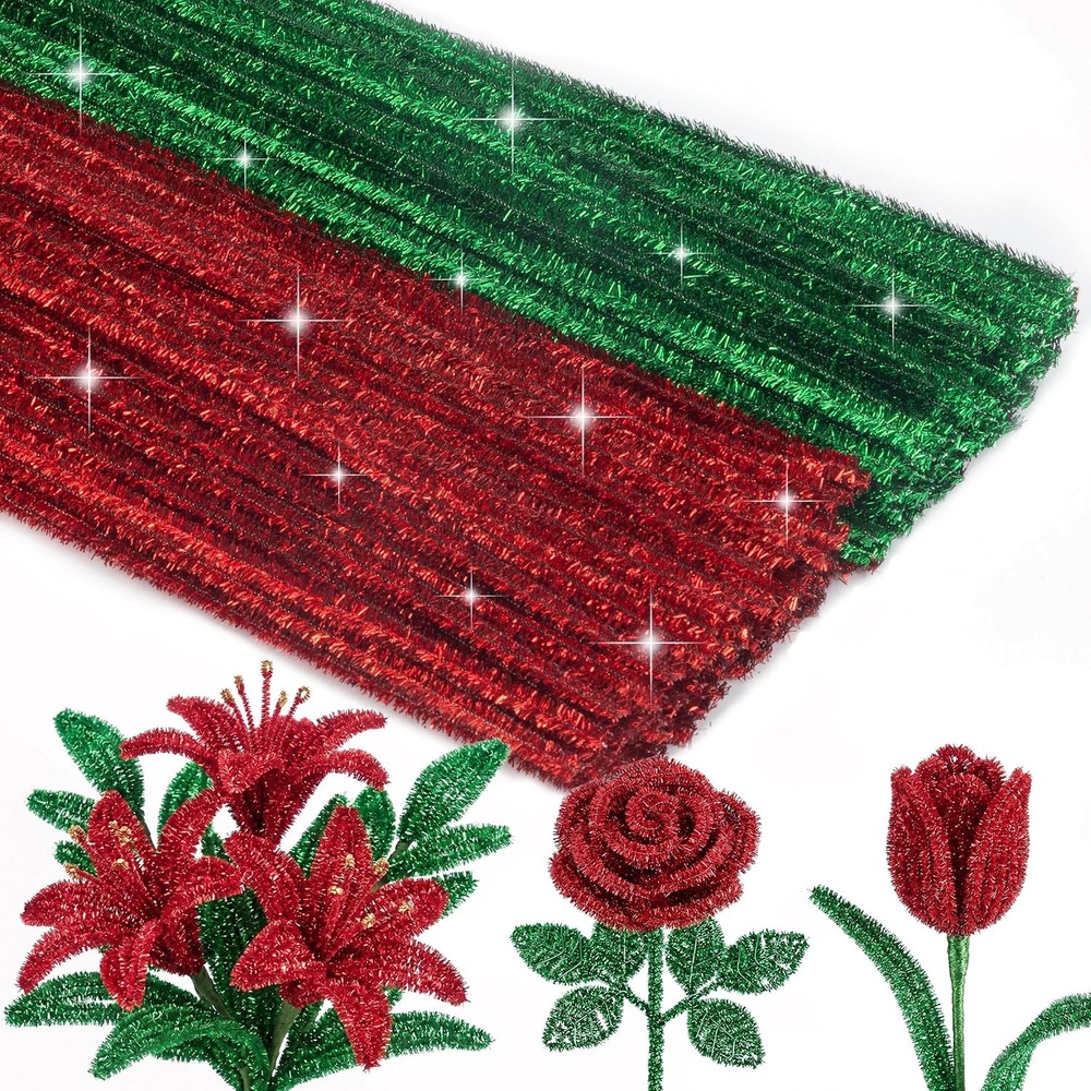 Caydo 200 Pieces Halloween Pipe Cleaners with 100PCS Wiggle Eyes, 8 Colors(Glitter Red & Green)