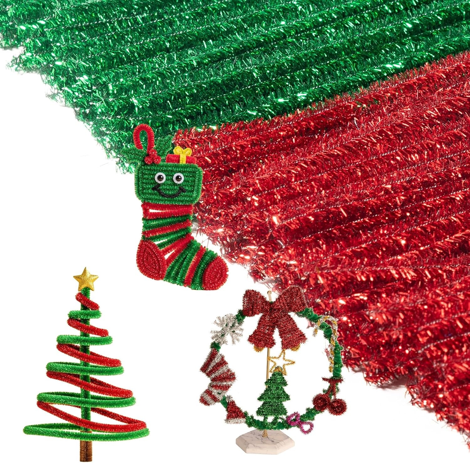 Caydo 200 Pieces Halloween Pipe Cleaners with 100PCS Wiggle Eyes, 8 Colors(Glitter Red & Green)