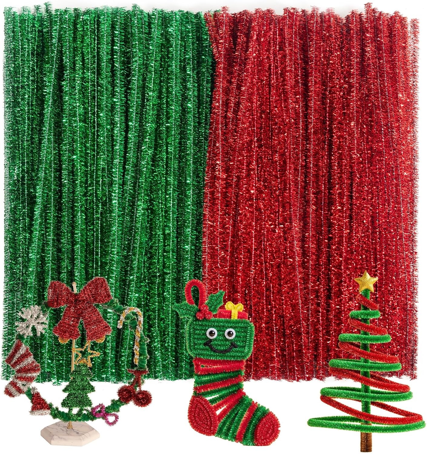 Caydo 200 Pieces Halloween Pipe Cleaners with 100PCS Wiggle Eyes, 8 Colors(Glitter Red & Green)