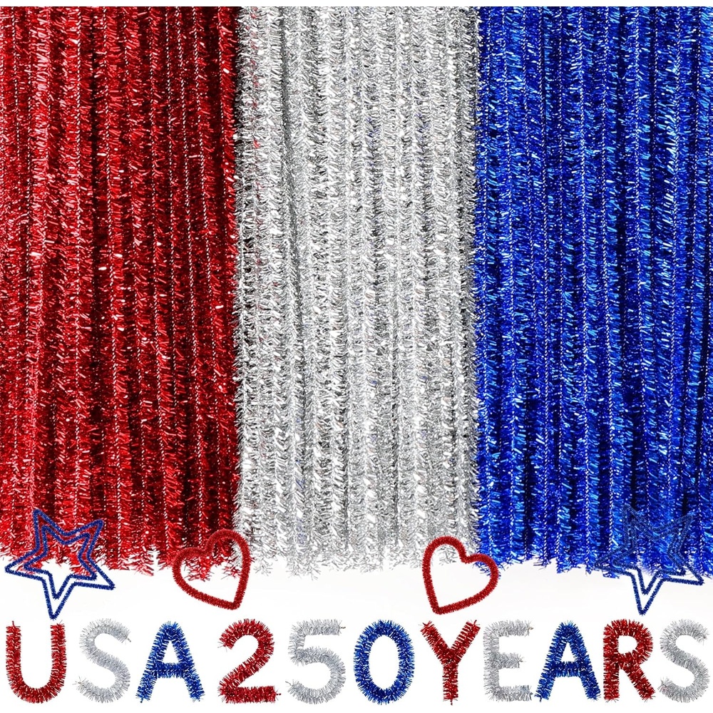 Caydo 200 Pieces Orange Pipe Cleaners for Flowers Making, Craft Chenille Stems for Kids Creative DIY Art Crafts and Home Decorations (12 Inch x 6 mm)(Red  Royal Blue & Silver)