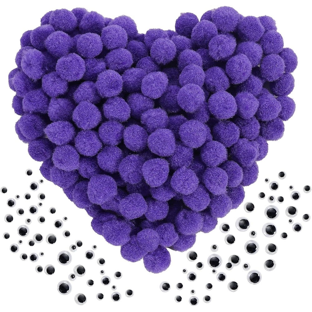 Caydo 300PCS Black Pom Poms with 100PCS Wiggle Eyes, 1 Inch Pom Pom Balls for Kids Art and Craft Projects Making and Classroom Craft Activities(Purple)